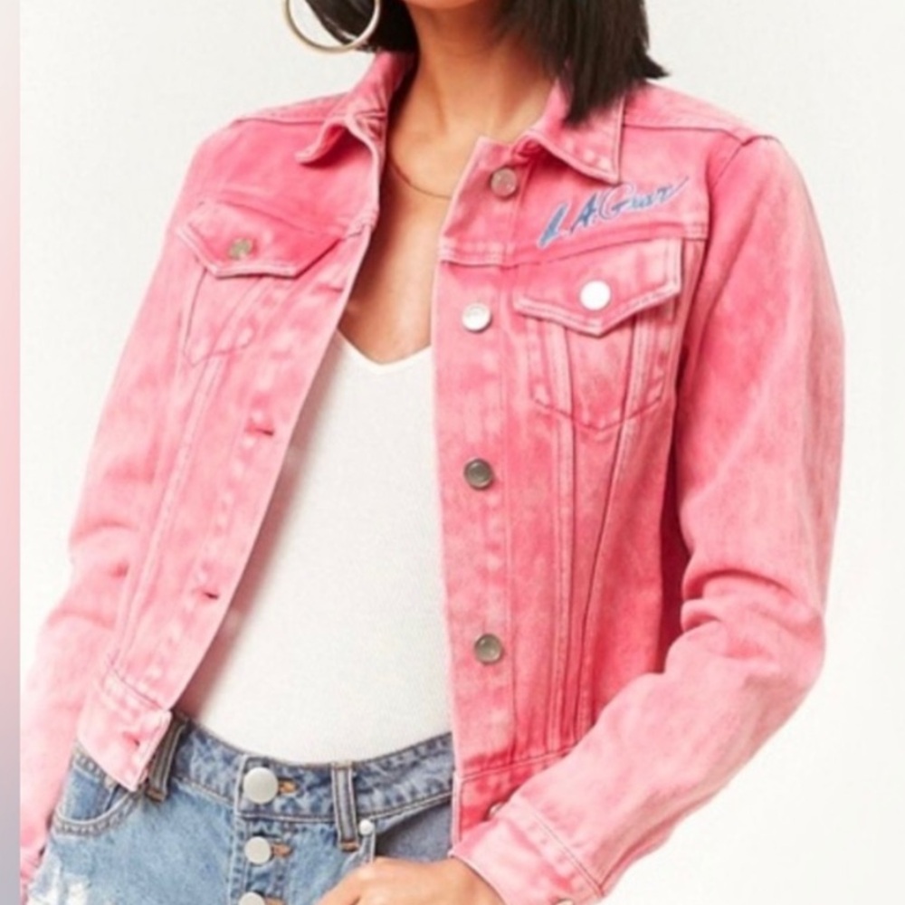 Vintage Forever 21 LA Gear Pink Denim Jean Jacket Collab Retro Grunge Y2K Small